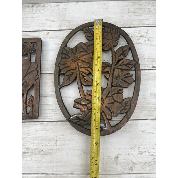 2 Vintage Copper and Cast Iron Floral Trivet Hot Dish Holders SET OF 2 - Picture 7 of 12